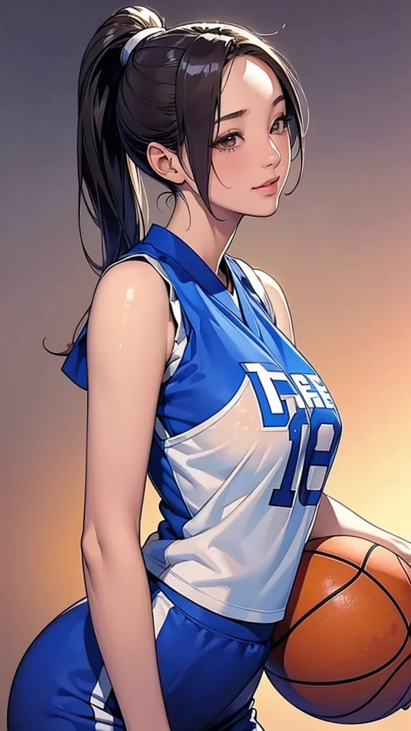 (masterpiece,highest quality,超A high resolution),japanese woman, (((Very beautiful 25 year old girl))), pretty girl、look at the photographer、 ((beautiful low ponytail)), super cute face, glossy lips, double eyelids in both eyes,natural smile、 natural makeup, long eyelashes, Shiny and smooth hair、center image, perfect limbs, perfect anatomy,(((basketball uniform)))、(((turn around and look back)),wet with sweat, name aura