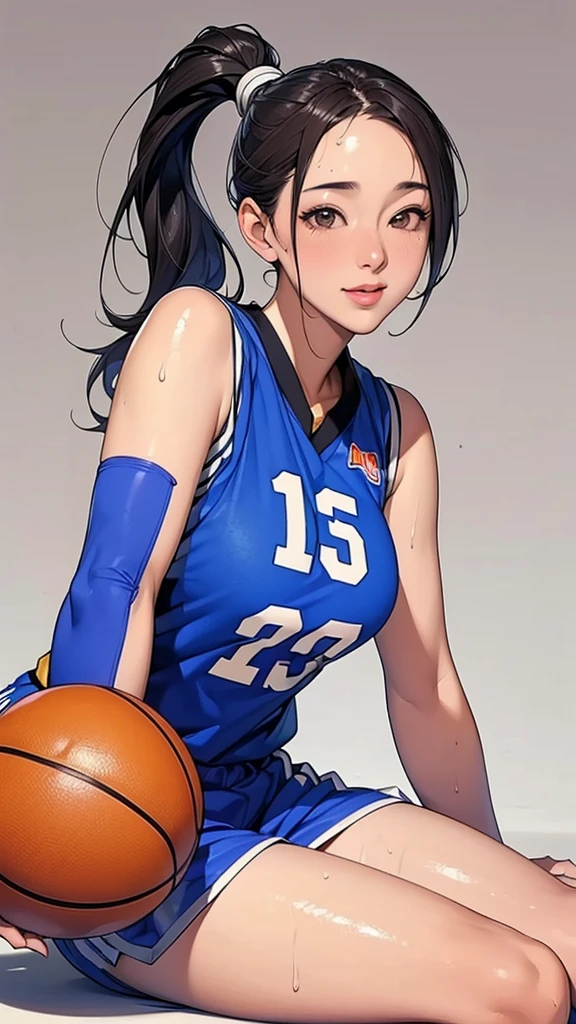 (masterpiece,Highest quality,Ultra-high resolution),Japanese women, (((Very beautiful 25 year old girl))), cute、Look at the photographer､  ((Beautiful low ponytail)), とってもcute顔, Glossy Lips, Double eyelids on both eyes,Natural smile、 Natural Makeup, Long eyelashes, Shiny and smooth hair､Center image,  Perfect limbs, Perfect Anatomy,(((Basketball Sleeveless Uniform)))、,(Wet with sweat),,Looking Back
