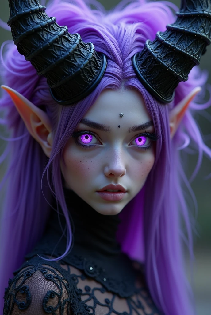 a close up of a woman, dark elf, fractalpunk, purple flaming hair, portrait photo with matte painting, beautiful female android, skin black, She's dressed in vampire clothes, has medium horns, bright purple eyes.