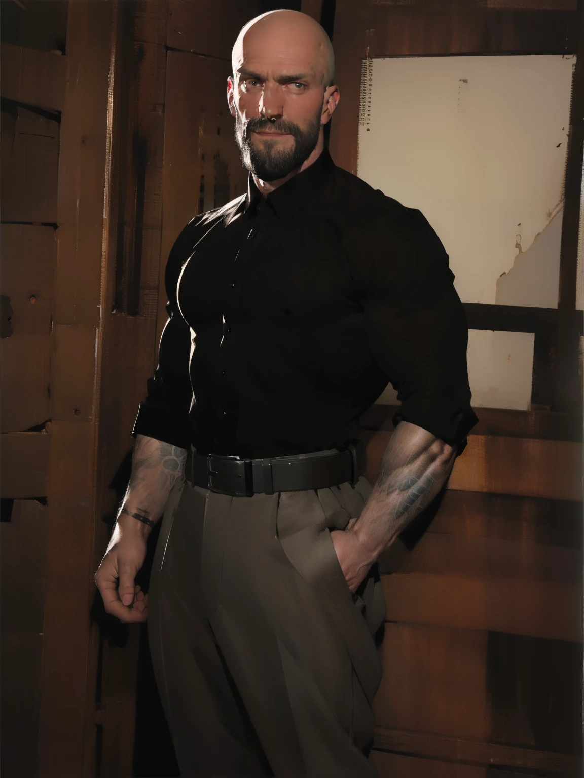 Tall man, bald and handsome with beard, daddy, dark tattoos, slim fit body, black jersey, 30years, dynamic lighting, body skinny, Black shirt with buttons, black belt, silver emblem on shirt, character sheet, full body shot shot