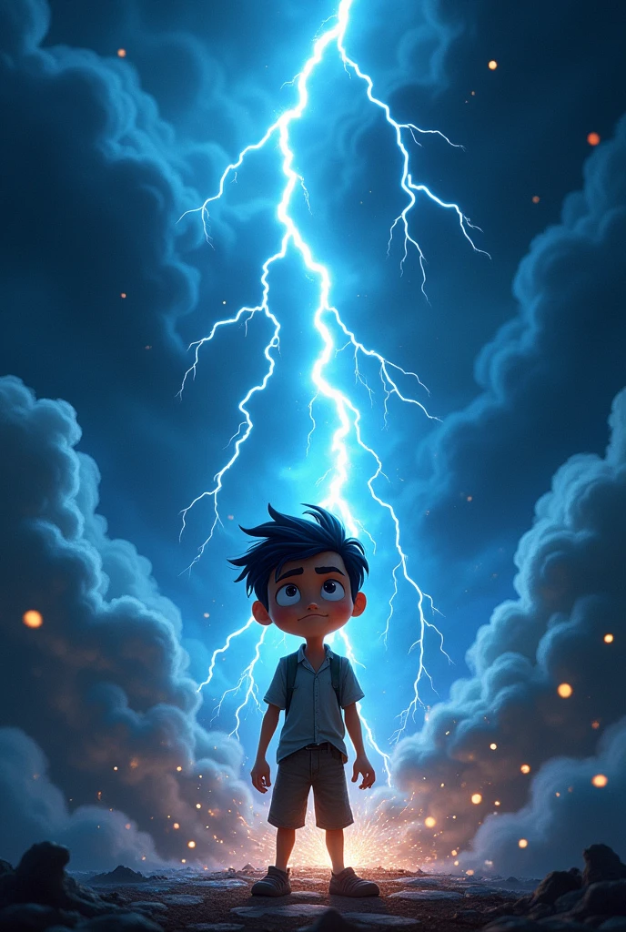 A scene of a boy named Miguel being struck by a bright bolt of lightning during a thunderstorm. The lightning illuminates the scene with an explosion of light around Miguel.. Miguel must look surprised and confused, with visible energy around you, indicating that he is receiving special powers