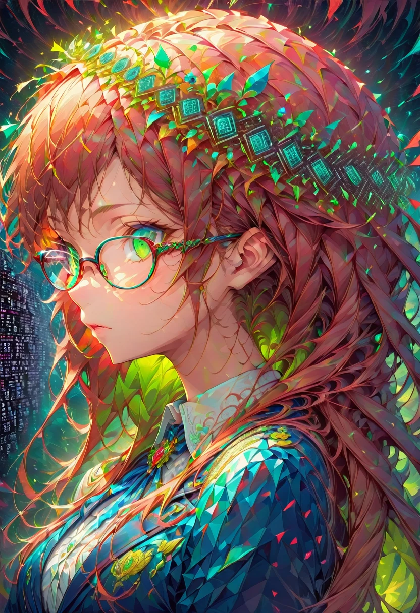 masterpiece, (beautifully、aesthetic:1.5), Surrealism, Very detailed, anime, A profile picture of a girl, wear White blouse with formal collar, Blue Blazer, Red Check Skirt, Her hair was adorned with beautiful ornaments, Long Hair, Straight Hair, Green Eyes, ((Glasses)), Red and navy blue color palette, Hard brush, Binary Code Effect, Minimalist low poly collage illustration, Painting effect, Dark ink, Featured on pixiv, saturated color, Hypercube, Pixel Sorting, A magnificent composition, Epic proportions, Dynamic Lighting, High resolution