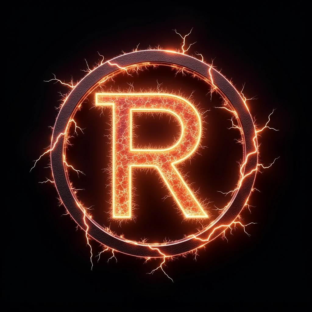 Logo with electricity and dark background based on the letter R and surrounded by a stylized circle 