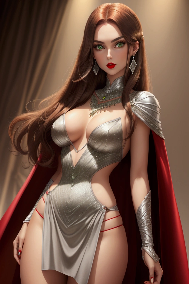 women . green eyes red lips long brown hair . skirt with diamonds. tul dde oro .silver cape tall athletic bodies slim waist medium breasts medium buttocks .in a party