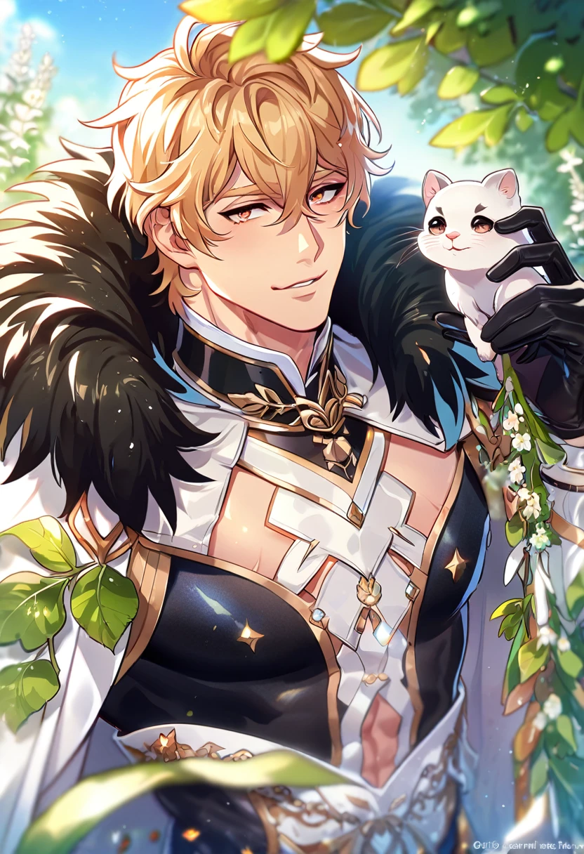 absurdres, highres, ultra detailed, HDR, master piece, best quality, extremely detailed, detailed eyes, Quincy, blonde hair, messy hair, hair between the eyes, expressive amber eyes, Nu Carnival, solo, sexy man, manly man, horny, lewd, handsome, fantasy, white and black leather clothes, cape with a high fur collar, black gloves, spring, flowers, green leaves, magical forest, dark fantasy, blue sky, white cute small ferret on his shoulder