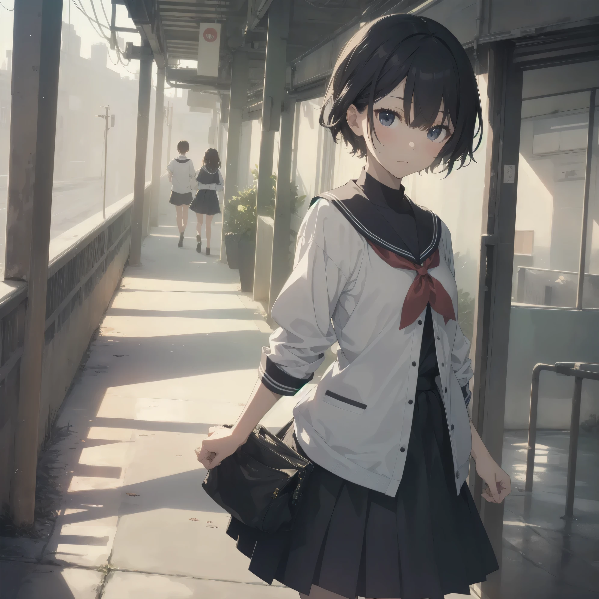 ultra-absurdres-Top quality by artist God, ultra-detailed, high resolution, anime moe artstyle, best anime 8k konachan wallpaper, pixiv contest winner, pool:2810, perfect ???????,break, 1girl, (Please draw a girl walking sleepily to school alone. )break,(Solo,little female, 13-year-old:1.3),Full limbs, complete fingers,a junior high school student, (very short hair), short cut, flat chest, , small butt, small black eyes, beautiful detailed eyes, well-proportioned iris and pupils, expressive eyes, highres detailed hair, soft expression, salor school_uniform, sailor collar, serahuku, bow, pleated skirt,(Detailed Lighting), (Detailed background), in the School commute route. break,super detailed skin, Best cinematic lighting powered by famous artist, 8k,beauty illustration,photoshop_(medium),very aesthetic,break,((artist:rappa_(rappaya) )), artist:clamp ,artist:carnelian ,artist:kantoku ,
