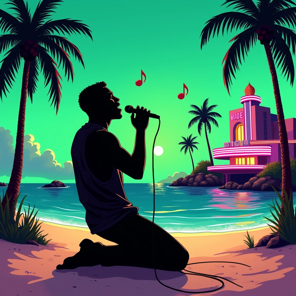 Black shadow of a Brazilian man singing cartoon style, the man is on the ground on a beach in Vice City GTA, Green sky