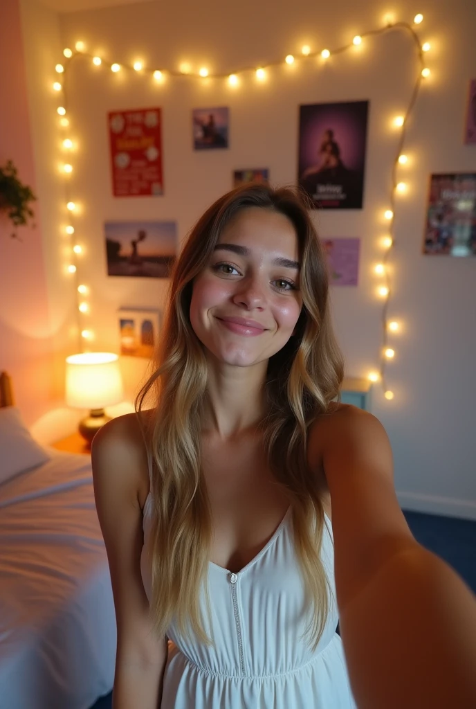 Sabrina Carpenter, smiling, in a hotel room, selfie, naked