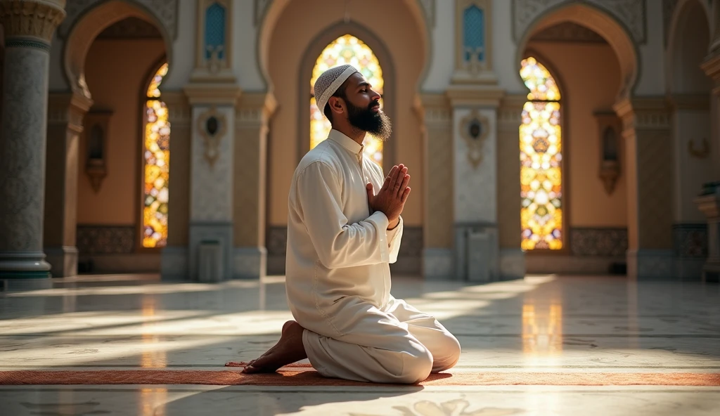 a man praying in a mosque with traditional attire