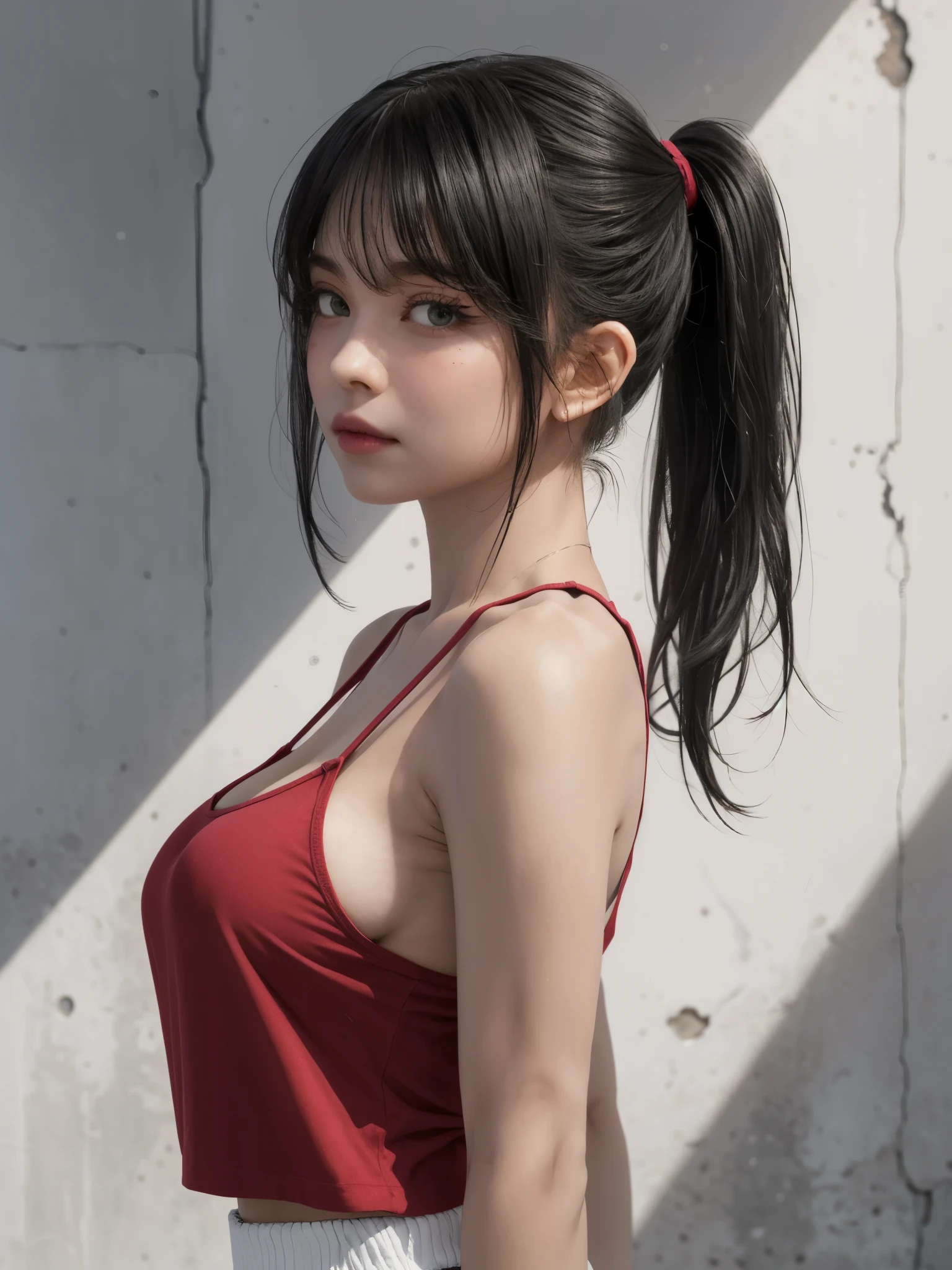 1girl, standing, from side, both hands behind her back, hands clasped together or resting naturally, head tilt, black hair, ponytail, flat bangs, detailed face, (looking at viewer:1.4), parted lips, red crop camisole, sporty, sideboob, (25yo), (large breasts:1.2), shoulder, white concrete, sunny weather,