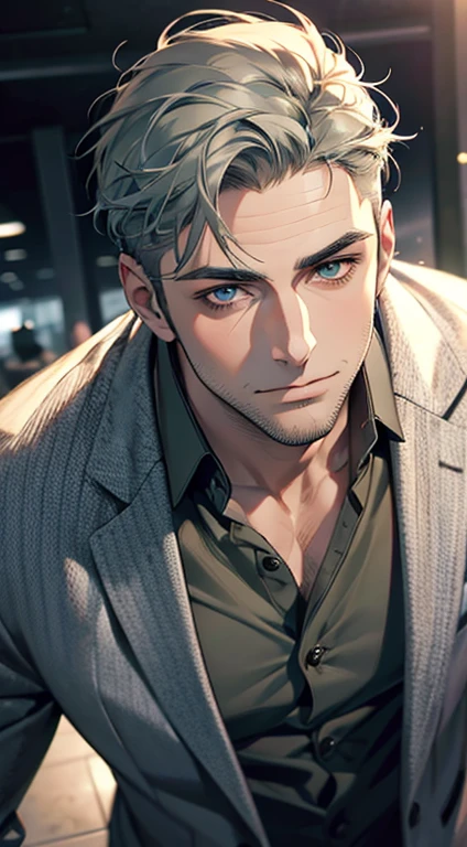 (best quality,4k,8k,highres,masterpiece:1.2),ultra-detailed,(realistic,photorealistic,photo-realistic:1.37),1 man,31 years old,mature man,very handsome,without expression,smile,short grey green hair,blue eyes,penetrating gaze,perfect face without errors,imposing posture,businessman,office background,cinematic lighting,hdr image