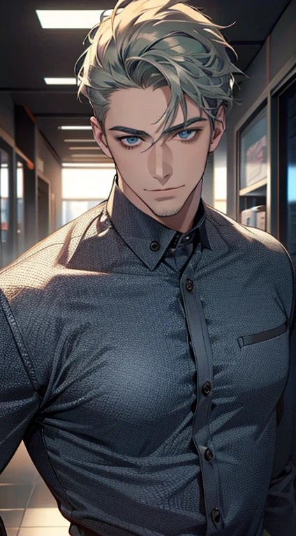 (best quality,4k,8k,highres,masterpiece:1.2),ultra-detailed,(realistic,photorealistic,photo-realistic:1.37),1 man,31 years old,mature man,very handsome,without expression,smile,short grey green hair,blue eyes,penetrating gaze,perfect face without errors,imposing posture,businessman,office background,cinematic lighting,hdr image