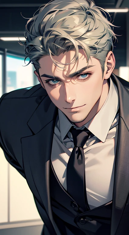 (best quality,4k,8k,highres,masterpiece:1.2),ultra-detailed,(realistic,photorealistic,photo-realistic:1.37),1 man,31 years old,mature man,very handsome,without expression,smile,short grey green hair,blue eyes,penetrating gaze,perfect face without errors,imposing posture,businessman,office background,cinematic lighting,hdr image