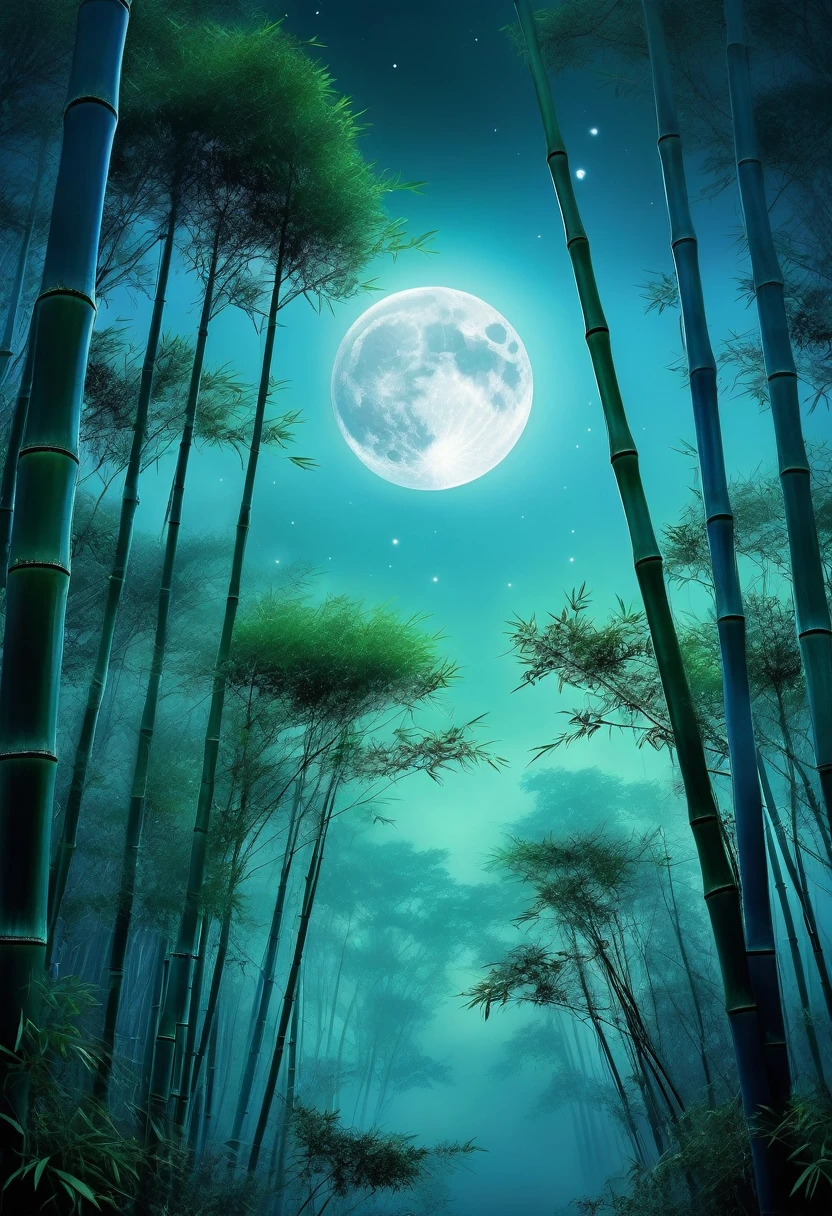 
               (Only the bamboo forest treetops and full moon are visible) 在月光下竹林  close up ( Look from the bottom up) close up 


               (Only Treetops and Full Moon are Visible.)Moonlight Pierces Through the Gaps in the Trees. high dynamic range, super high quality, The Tyndall effect. Layers of blue-green mist, splendid，Shiny,

                     The presence of moonlight feels strange. Thick fog surrounds.. Foggy environments convey a sense of mystery and suspense Stunning

                    The Tyndall effect Ethereal glow Detailed portrayal of a surreal dream-like world Sharp focus, Writing Depth,

                              The best shadow, Perfect light, high dynamic range, Realistic textures, Super detailed background wide angle shot