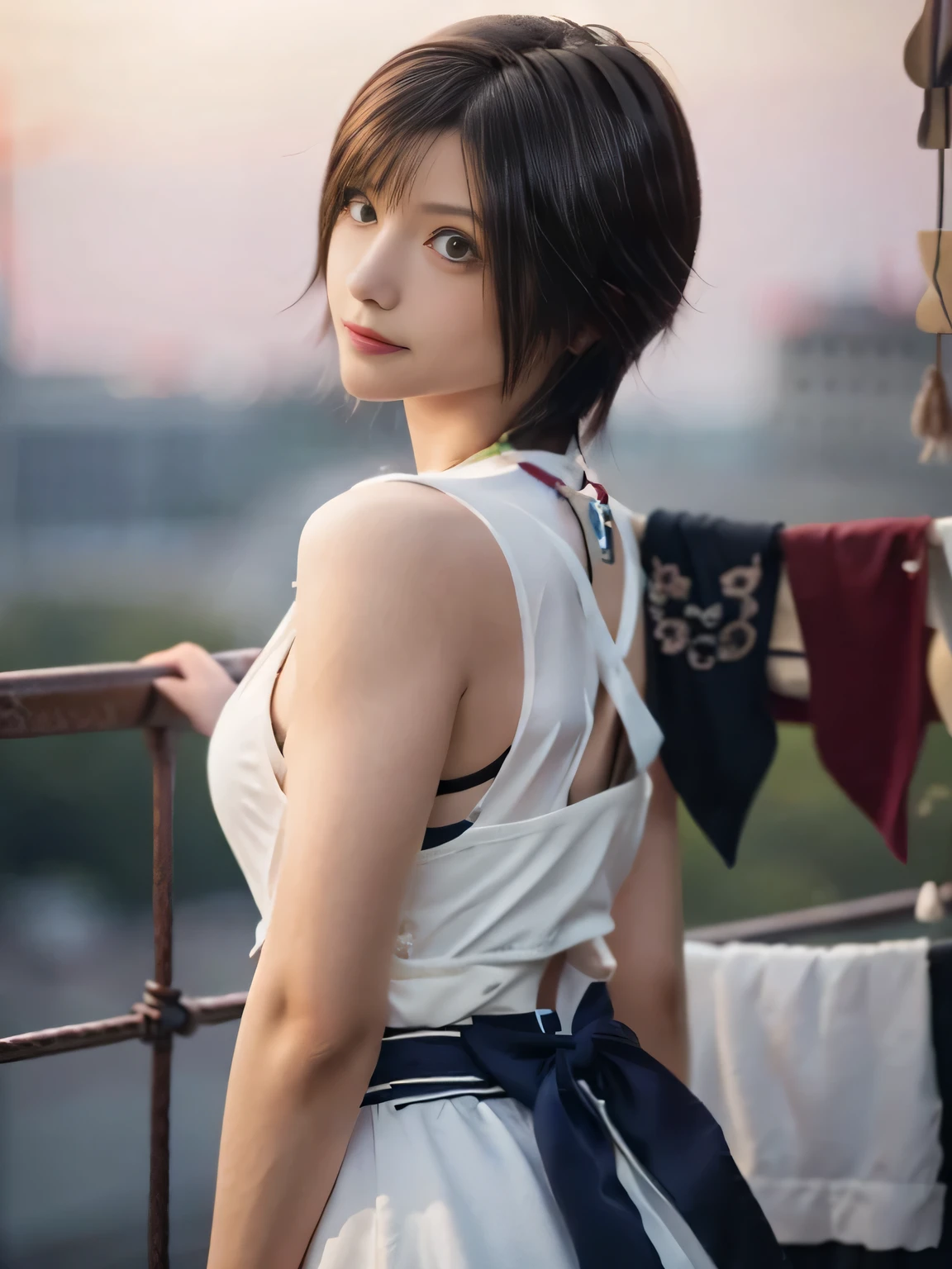 20 year old Japanese beauty，One person、Muscular body like a bodybuilder、Emphasize the breasts、Slit eyes、A head-to-toe view，Bust is very very large、The background is a medieval European kitchen、High quality photos、Clear, crisp images of the lower body、Masterpiece 8k、Smiling、I'm hanging laundry outside.、From the front, from the side, from the back, etc.々from what camera angle to shoot、FF10 Yuna's outfit、Character Sheet、Character screen style