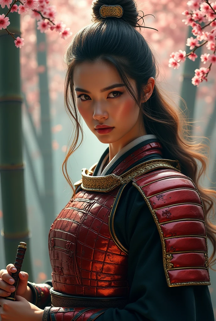 a beautiful woman in japanese warrior armor, carrying a katana, in an action pose, highly detailed face, detailed eyes and lips, detailed armor, detailed weapon, dynamic action, dramatic lighting, digital art, concept art, cinematic, detailed background, photorealistic, 8k, high resolution, masterpiece