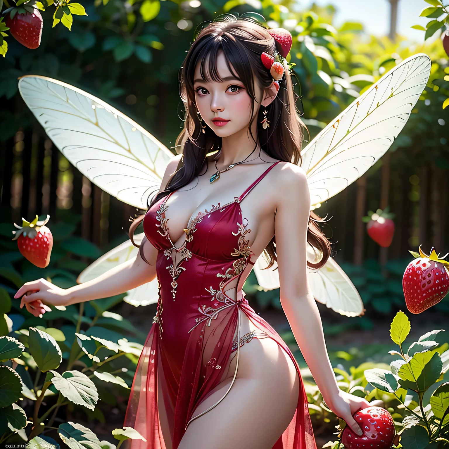 Fairies watching over a giant strawberry、A cute and sexy strawberry fairy、Beautifully grown, super large, delicious looking strawberries、(best quality, 4K, 8k, highres, masterpiece:1.2), ultra-detailed, (realistic, photorealistic, photo-realistic:1.37), ultra-fine painting, extreme detail description, vivid colors, professional, fantasy, surreal, fairy tale, whole body、Delicate fairy、Lush strawberry fields、Beautiful and sexy strawberry fairy dress、Super see-through、Super sheer、Complex fairy wings、Shining fairy aura、Warm lighting、Shallow depth of field、Concept Art