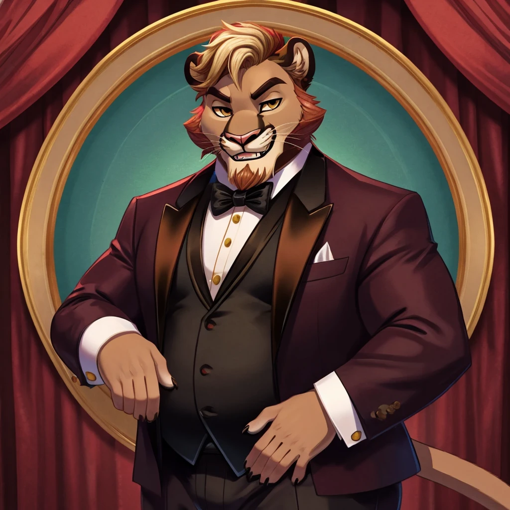 solo male semianthro mountain lion,red-blond mane with bleached blond tips,reddish blond beard,chubby soft body,daddy,spy tuxedo,medium stature,fancy dinner background,toothy grin