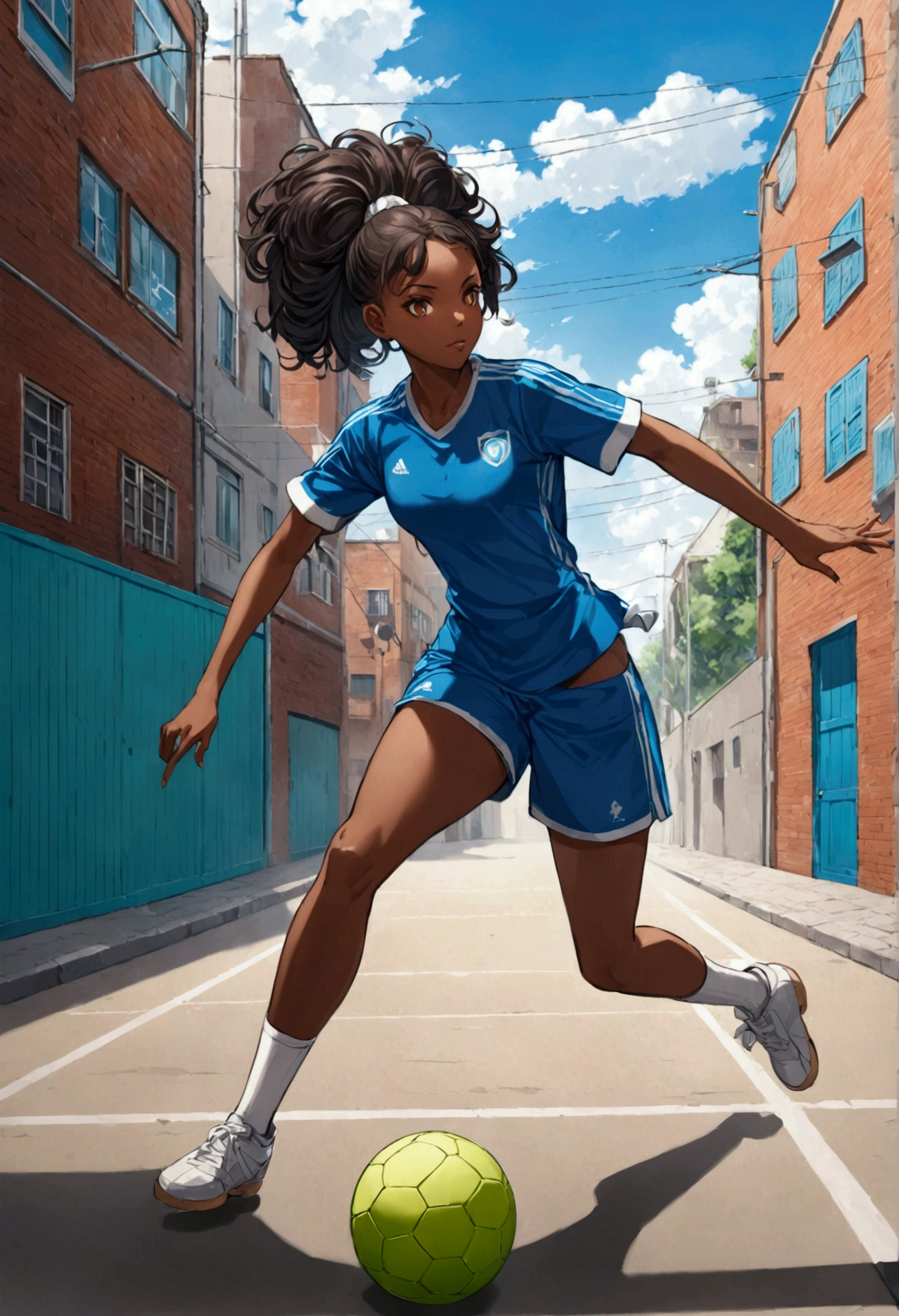 Black female anime character playing street football 