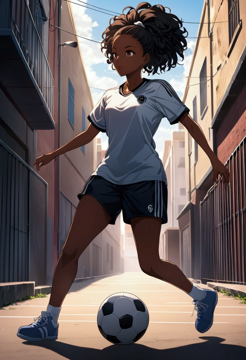 Black female anime character playing street football 