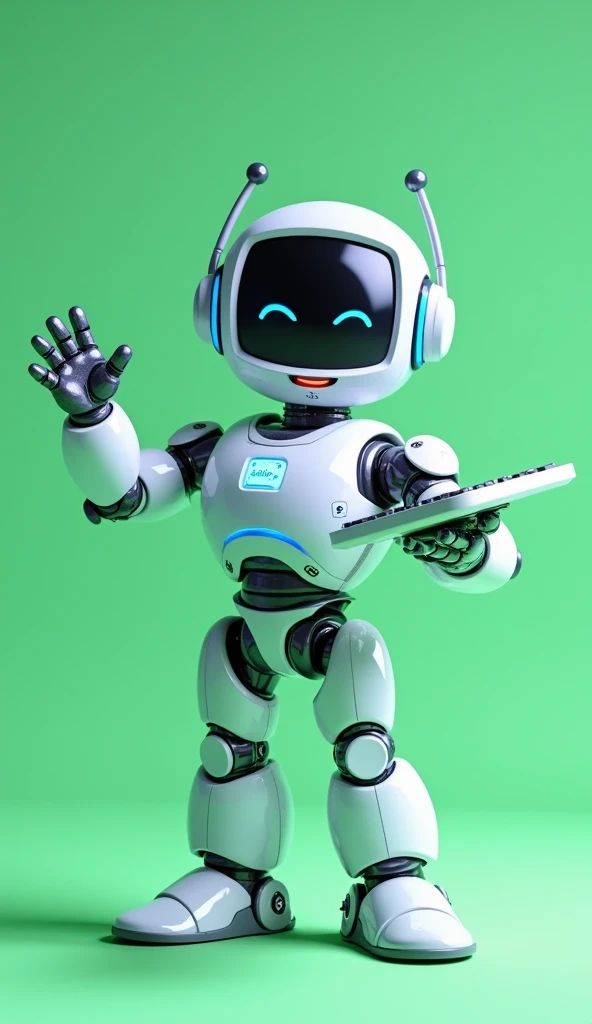 full body white and blue smiling friendly nerdy robot 3d character, one hand holding a keyboard, the other hand showing a welcome gesture, standing in front of a green background