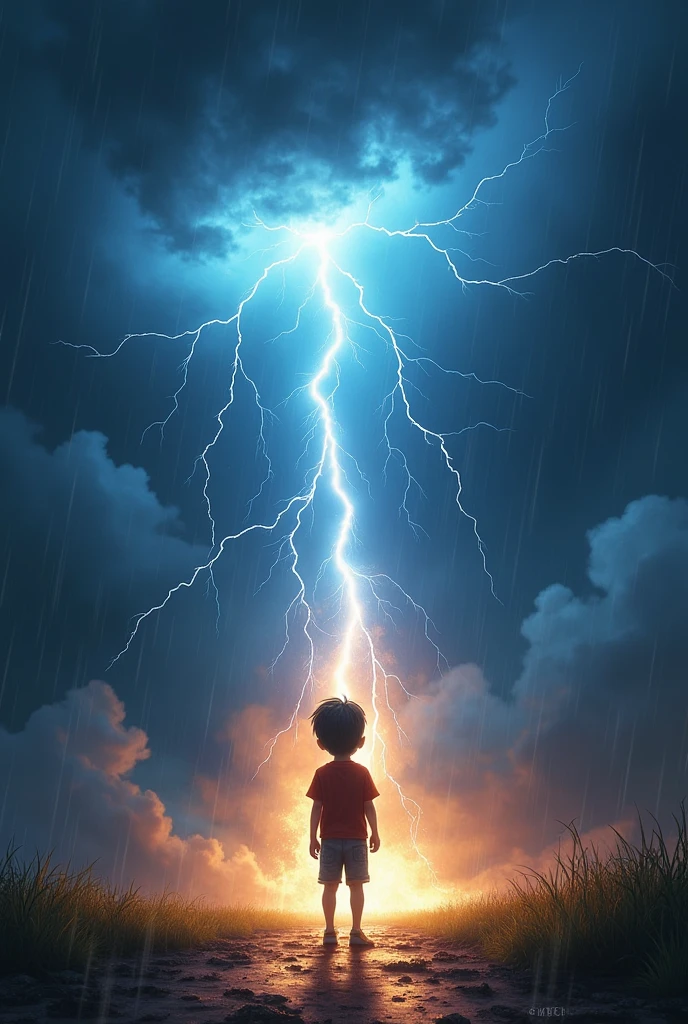 A scene of a boy named Miguel being struck by a bright bolt of lightning during a thunderstorm. The lightning illuminates the scene with an explosion of light around Miguel.. Miguel must look surprised and confused, with visible energy around you, indicating that he is receiving special powers