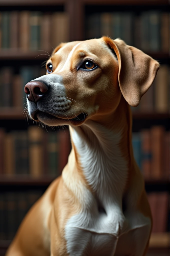 human body, head of a dog in the library