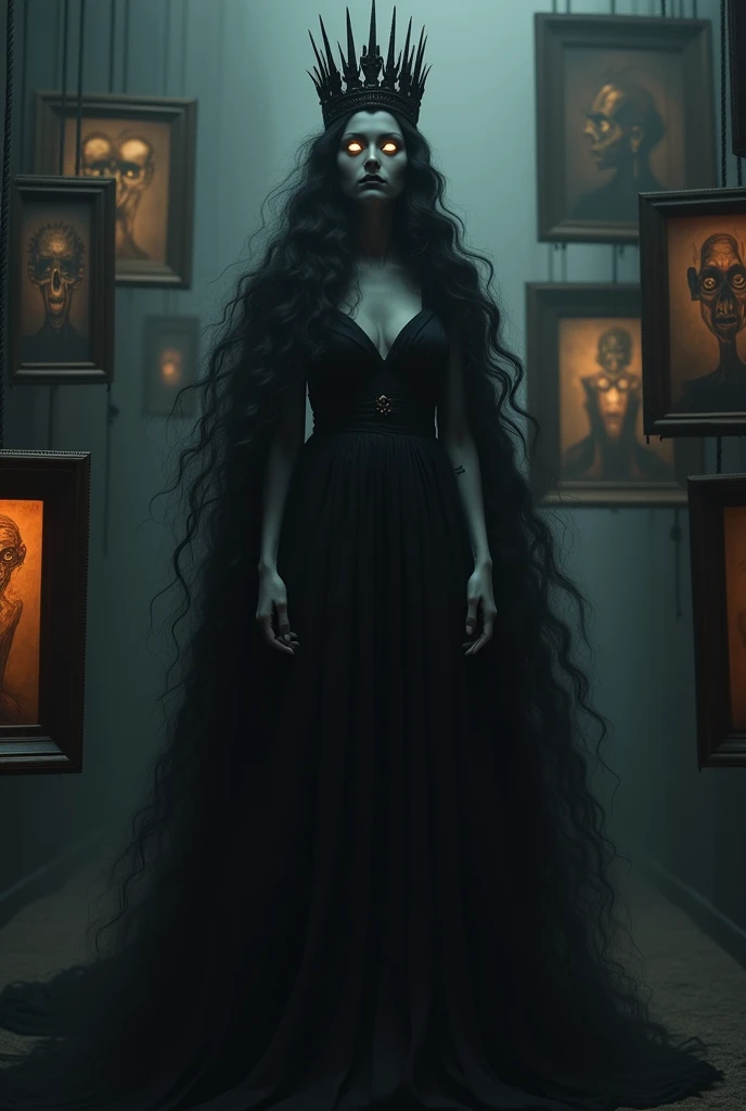 A tall woman, with gray skin and very long hair, curly and wavy in shades of dark gray. She is smiling and is wearing a big, long outfit with some random colored spots.. she&#39;s in a dark place, where your face is also semi-visible. She has a kind of crown on her head, a black colored crown. She appears to be floating as she gazes with glowing eyes at the camera.. Around her, some floating frames, painted in strange images, macabre and abstract. Remember she doesn&#39;t look human, as if it were a different species, without many basic features. The light doesn&#39;t interact very well with your face and your smile looks exaggerated.