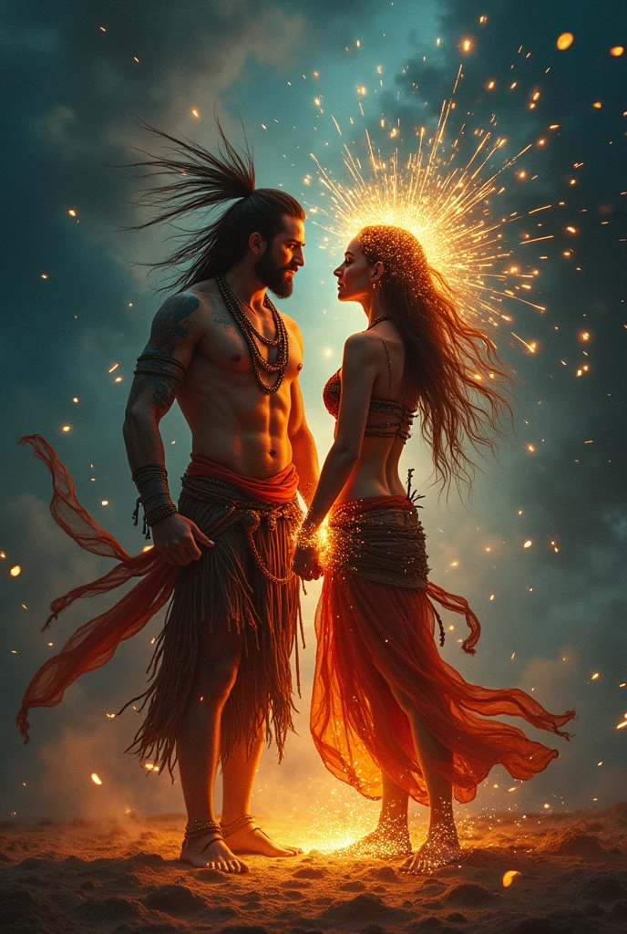 Male shaman and a female yogini, sacred rebels. Psychedelic picture of a very attractive couple, sparks flying, polarity, spiritual.