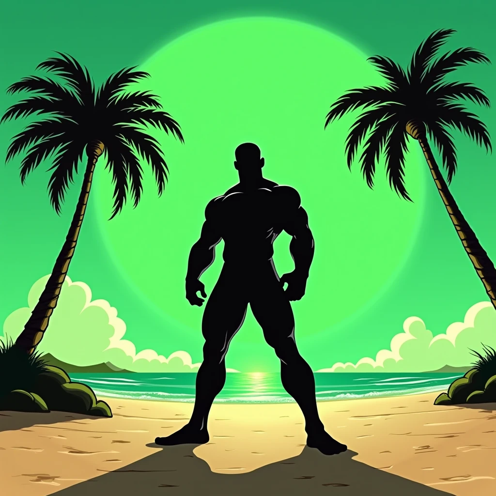 Black shadow of a Brazilian man with prominent and powerful cartoon style pose, the man is on the ground on a beach in Vice City GTA, Green sky