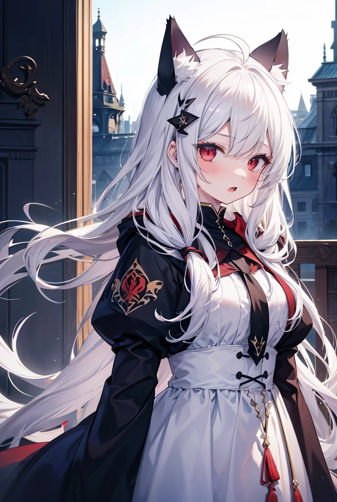 A woman with long hair, high resolution, detailed bust, blushing, extremely long hair, white hair, ahoge, high resolution, masterpiece, best quality, simple background, rear view, red eyes, removing hood, sparkling effect, slightly open mouth, profile, gothic interior, white dress, noble, lady, question mark above head, looking up, open mouth, simple background, hood, cat ear hood, cat ear hood, overhead view