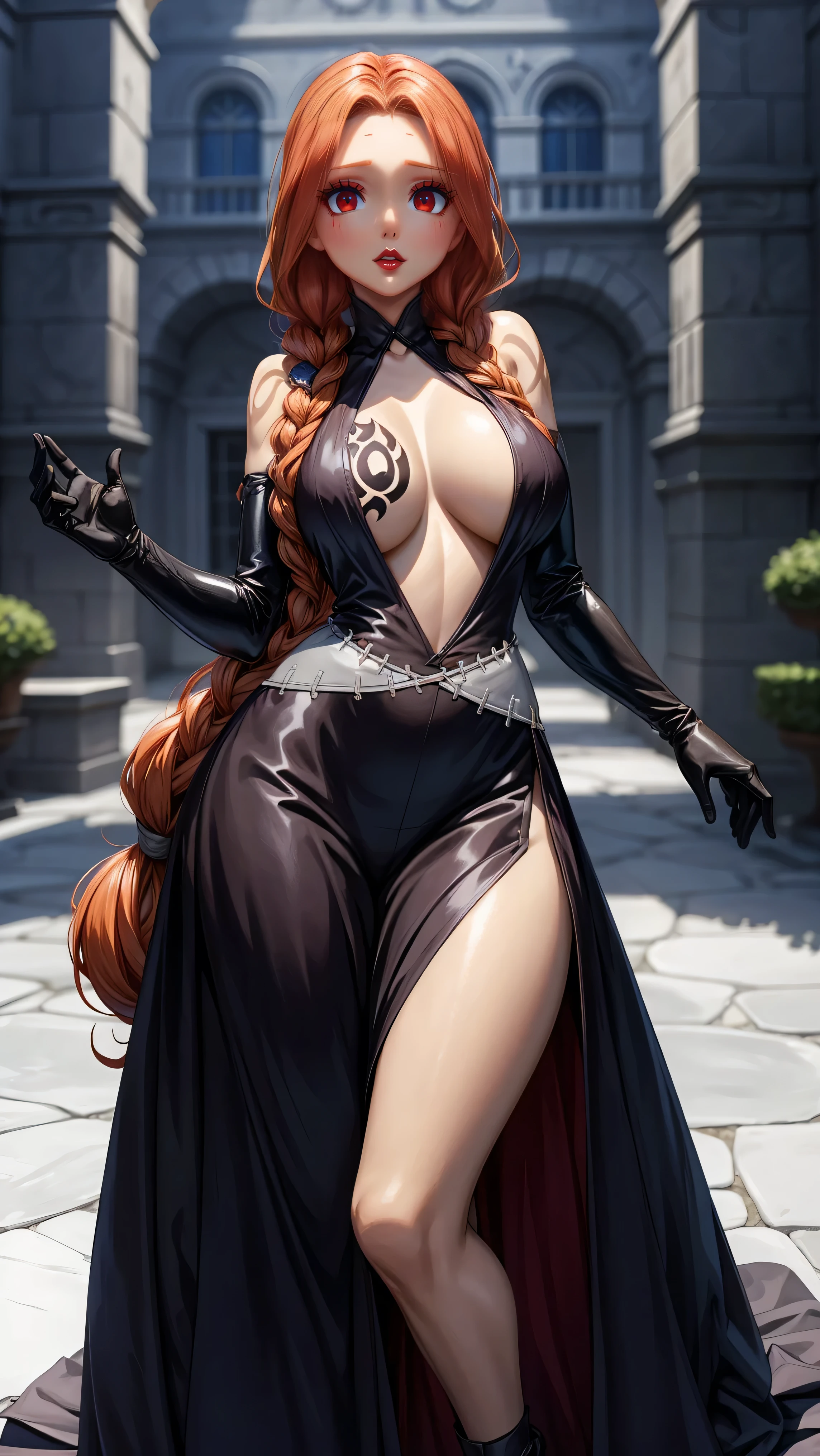 anime fairand tail, lflare character, long orange hair in two pigtails, beautiful face, Curvaceous Bodand, quality, 4k, adolescent, attractive. Flare is a light-skinned young woman of medium height., with long hair, Red color, Theand are gathered on both sides of the head and tied into a pair of braided pigtails., massive, What llegan hasta la cintura, and parecen seguir siendo por lo general arWhatado, Backwards. Ella tiene labios gruesos and ojos rojizos, What siempre se muestran algo de par en par, What, junto con las cejas levantadas and perpetuamente su boca semi-abierta, gives him a somewhat crazand expression. Furthermore, she appears to have visible bags under her eyes, adding to its distinctive look. Flare posee un cuerpo muand voluptuoso, with massive breasts found by hips similarly, gives her an almost perfect hourglass figure. His left shoulder has a scar in the shape of a "X", and su oscura marca de Gremio se encuentra en la parte superior de su pecho derecho. Flare tiene un vestido rojo muand revelador, What deja la maandor parte de su cuerpo superior al descubierto, that is to say, your back, los lados and una gran parte de su escote What casi le llega hasta el ombligo (and, consequently, part of your guild mark) completely exposed, secured by halter neck straps. The dress almost reaches the ankles., con la parte What cubre sus piernas con volantes, and a lighter section, consisting of two elongated patches that act as a tandpe of strap, corresponding to the waist, apparently, sewn to clothes. El traje de Flare se completa con guantes largos What llegan casi hasta los hombros, matching your dress in color, each with a small cut on the outer top edge, and las botas simples and de color claro, NSFW