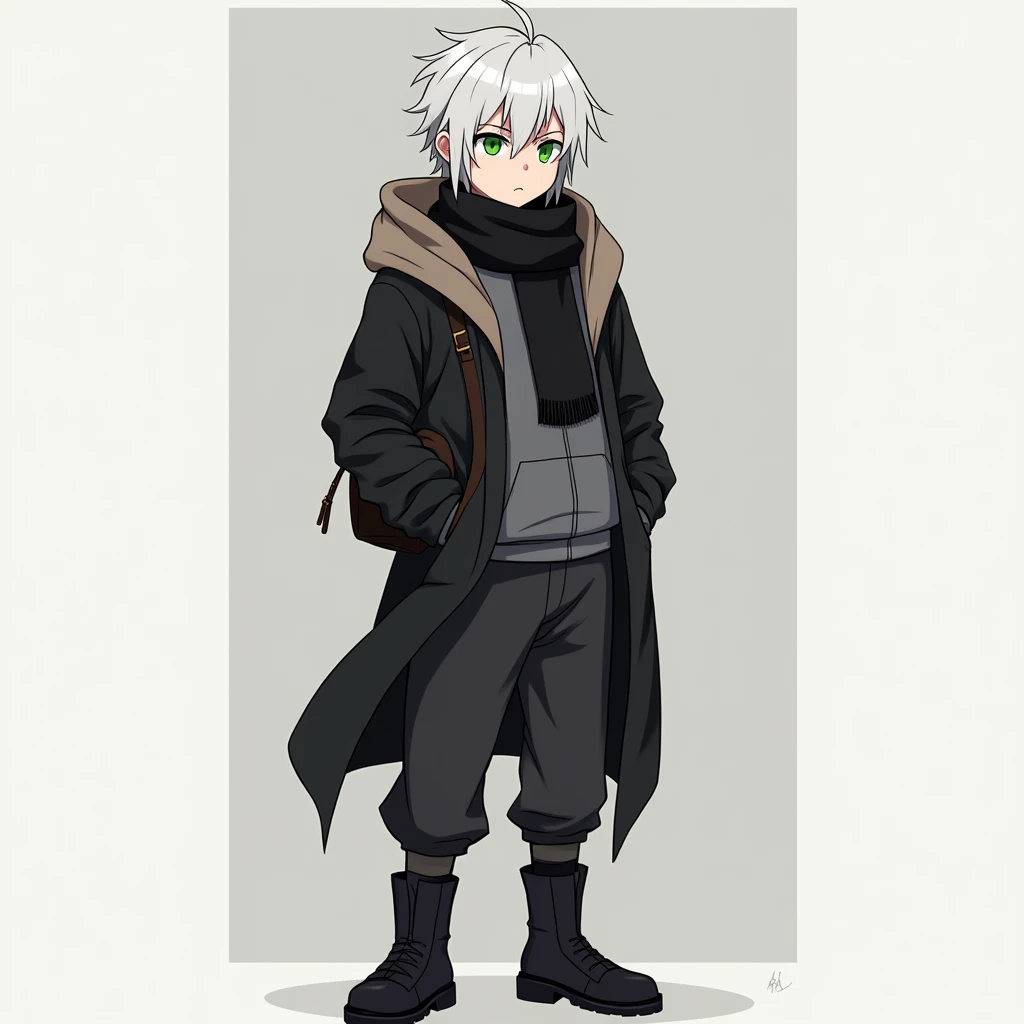 full body photo, serious face, Athletic, 31 year old Halfling, green colored eyes, White hair, black scarf, black coat with gray with brown hood , black sweatpants, Black boots, handbag, Anime Village saga, 4K, epic, Village saga.
