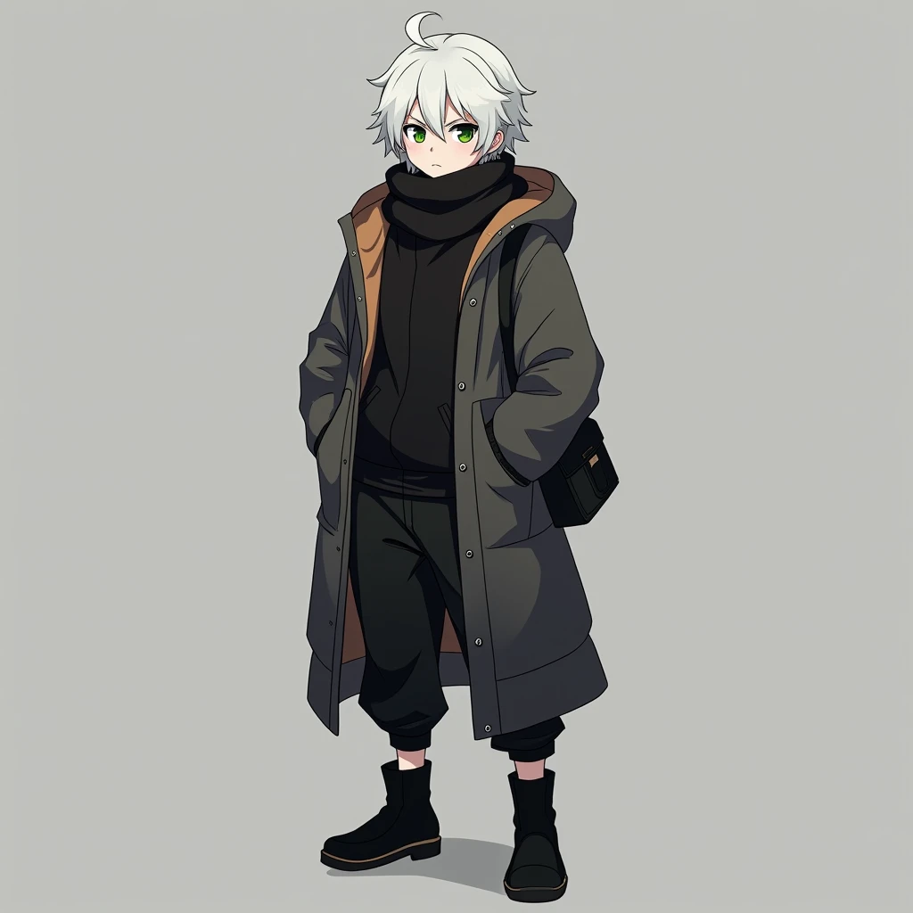 full body photo, serious face, Athletic, 31 year old Halfling, green colored eyes, White hair, black scarf, black coat with gray with brown hood , black sweatpants, Black boots, handbag, Anime Village saga, 4K, epic, Village saga.