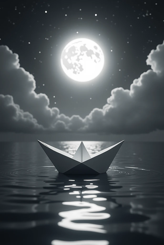 Paper boat sailing across the sea with the moon in the background , image drawn in black and white