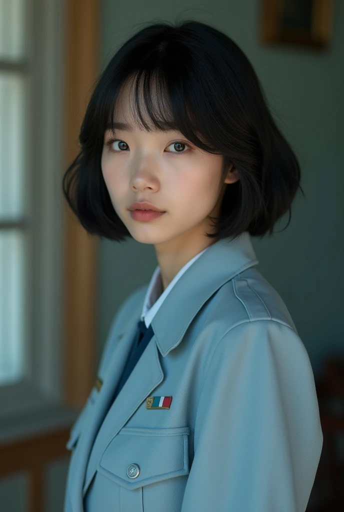 (Maximum resolution, Clear_Image) , Single person, A woman, Solitary, masterpiece, Very detailed, Semi-realistic, Black short hair, Black Hair, Bangs, 18 years old, Mature, light blue Military uniform, Military uniform, Indoor background, Gentle, Majestic, Strong, Delicate features, Delicate features