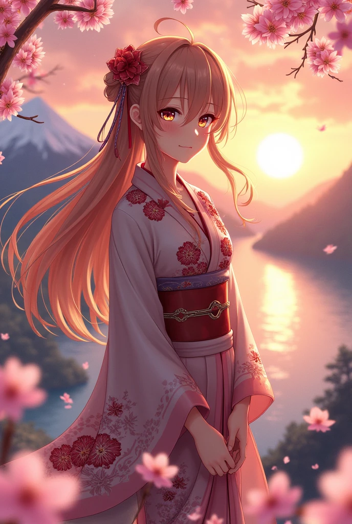 Asuna, masterpiece, , Detailed, (1 Girl), Solitary, Detailed... what the heck is golden eyes, Long hair, permanent, Close to the viewer, (Detailed kimono), A faint smile, Medium breasts, (Hands behind her back), Water, Sunset, (Hair accessories), (Cherry blossoms in full bloom), Background of snowy mountains and lakes