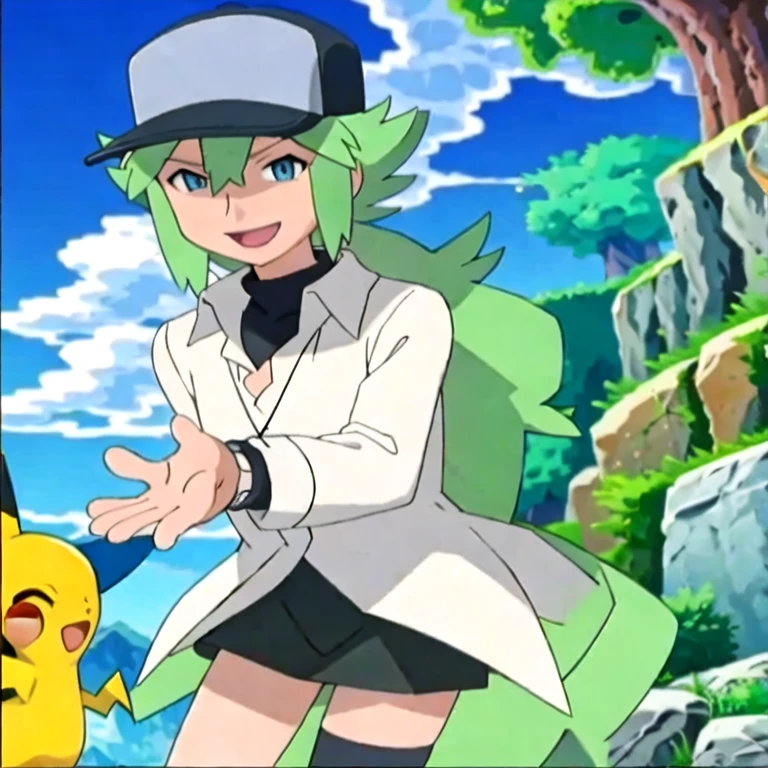 (masterpiece, best quality:1.2,ultra detailed,8k,zettai ryouiki),1boy,solo,N \(pokemon\),collared shirt,green hair,blue eyes,hair between eyes,long hair,smile,necklace,two-tone headwear,looking at viewer
