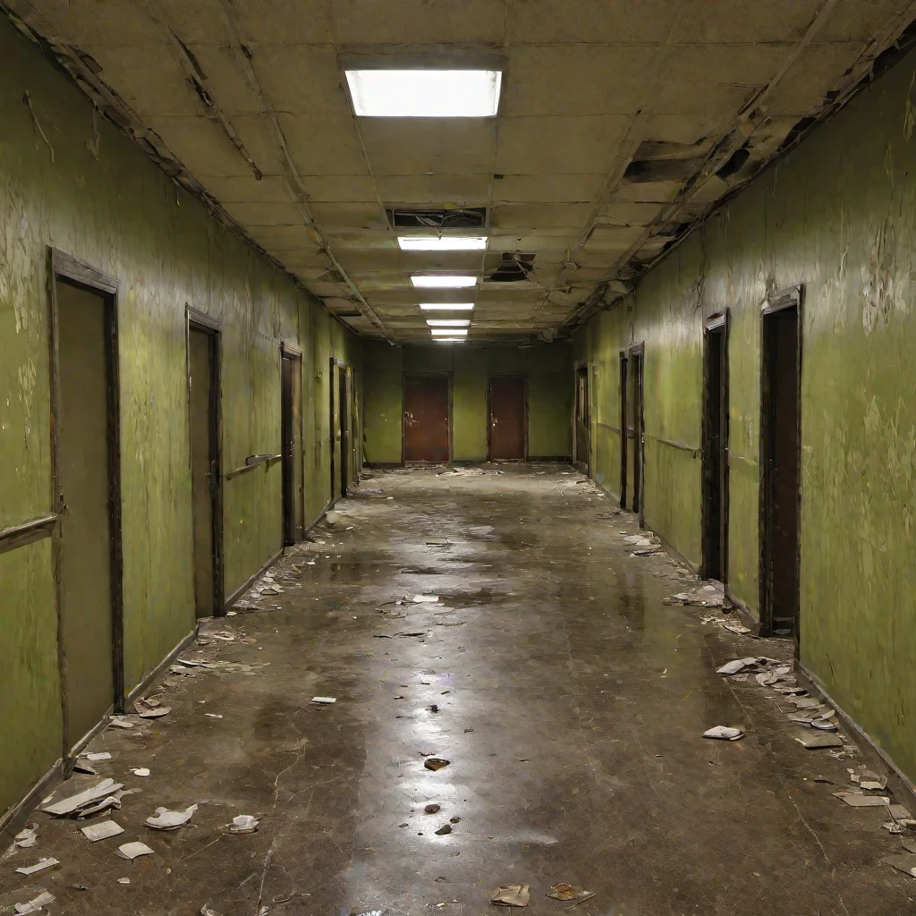 (masterpiece, best quality:1.2), abandonedoffice, a long corridor in the abanoned company building, abandoned, abandoned buildding, olive green, old, wasted, crap, office, corridor, basement, forgotten, scenery