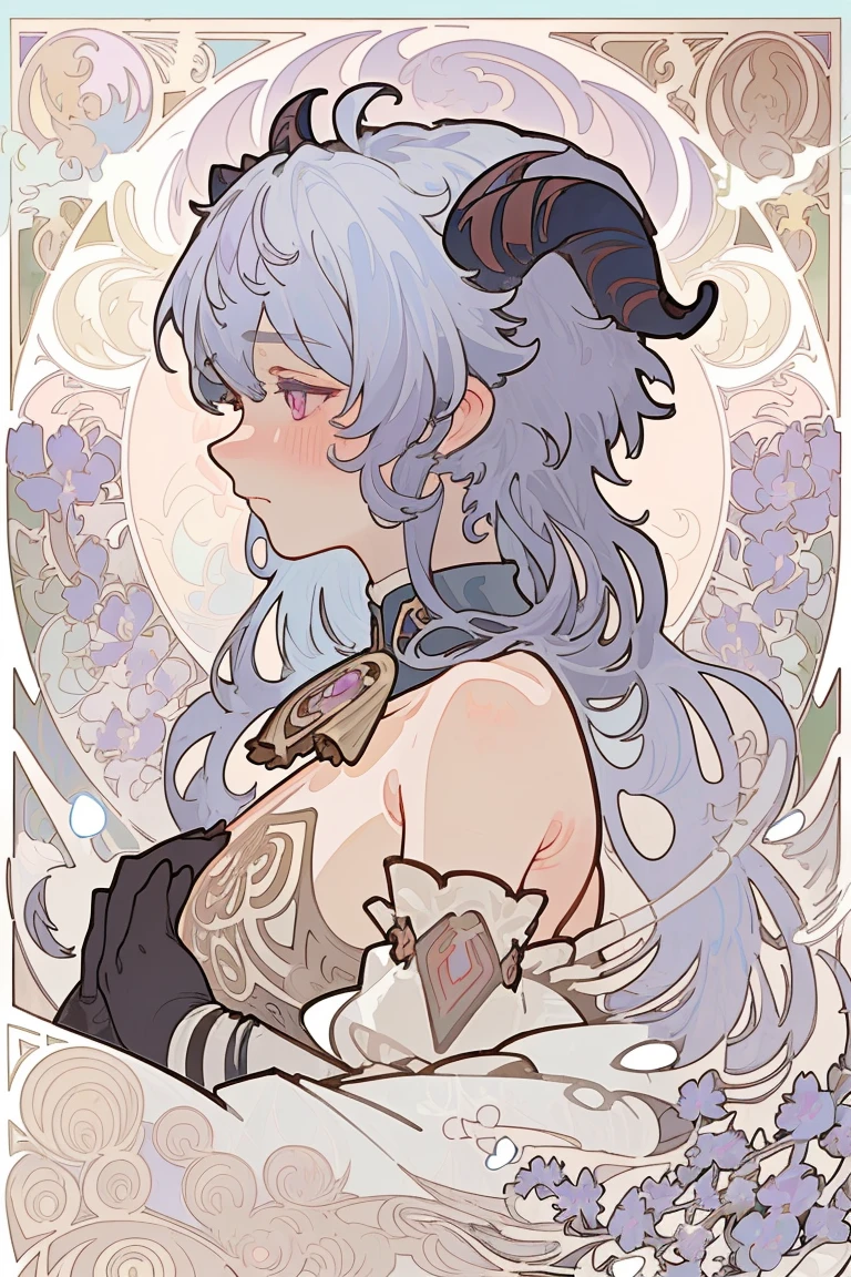Art Nouveau Style, poster in a theater, (((art by alphonse mucha))), upper body, blush, profile ,(masterpiece, finely detailed beautiful eyes: 1.2), 1girl, solo, beautiful, small details, ultra detailed, best quality, intricate, sharp, digital illustration, detailed, ice, blue flowers, ((snow)), ganyu \(genshin impact\), 1girl, ahoge, bangs, bare shoulders, bell, black gloves, ((light blue hair)), blush, breasts, chinese knot, detached sleeves, flower knot, gloves, (red ram horns), long hair, medium breasts, neck bell, night, outdoors, purple eyes, sidelocks, solo, tassel, white sleeves, ((masterpiece)), curly hair