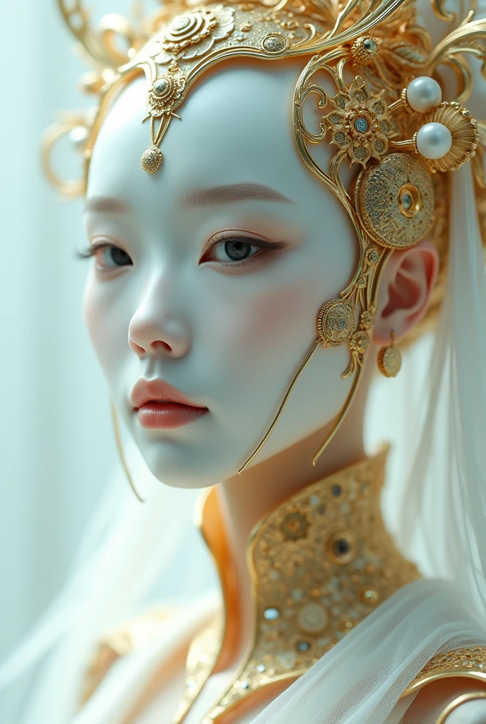 Generate a close-up portrait of a futuristic, regal Korean female android with a smooth white face, adorned with intricate gold and mechanical details. The design should emphasize elegance and sophistication, with a focus on the golden elements and the precise engineering visible in her headpiece and collar. The background should be soft, allowing the figure's ornate features to stand out.