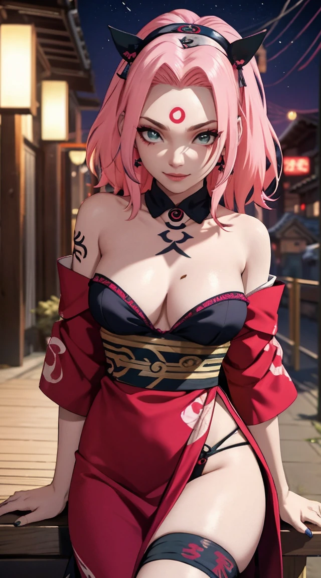 tmasterpiece， Best quality at best， 1girll， Sakura Haruno， Large breasts，Raised sexy，is shy，smile，with pink hair， long whitr hair， （Green eyeballs:1.4)， Forehead protection，nighttime, city，deep cleavage, revealing clothes, whorish (prostitute makeup:1.3), purple eyeshadow, (prostitute), slutty, slutty outfit, lipstick, slutty expression, (off-shoulder kimono), geisha, expensive kimono, offering sex, (tattoos), tatto on thigh, tattoo on breast,