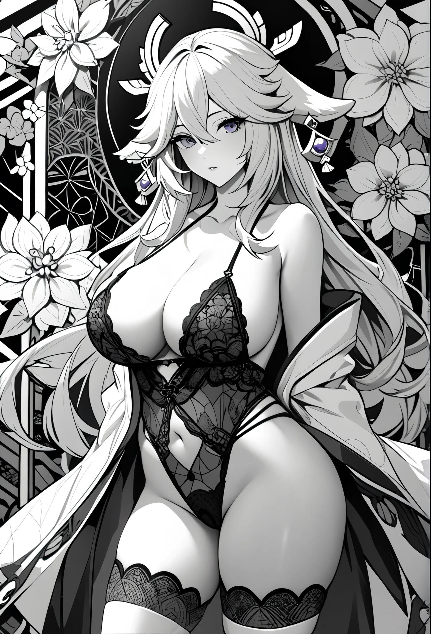 Yae Miko, genshin impact, absurdres, highres, ultra detailed, ultra-detailed background, detailed background, extremly detailed, 1girl,bunch of flowers, (zentangle:1.2), (geometric:1.2), black and white color palette, monochromatic, , cleavage, sideboob, lingerie, realistic depiction, standing, contrapposto, thigh highs, arms behind back, 
