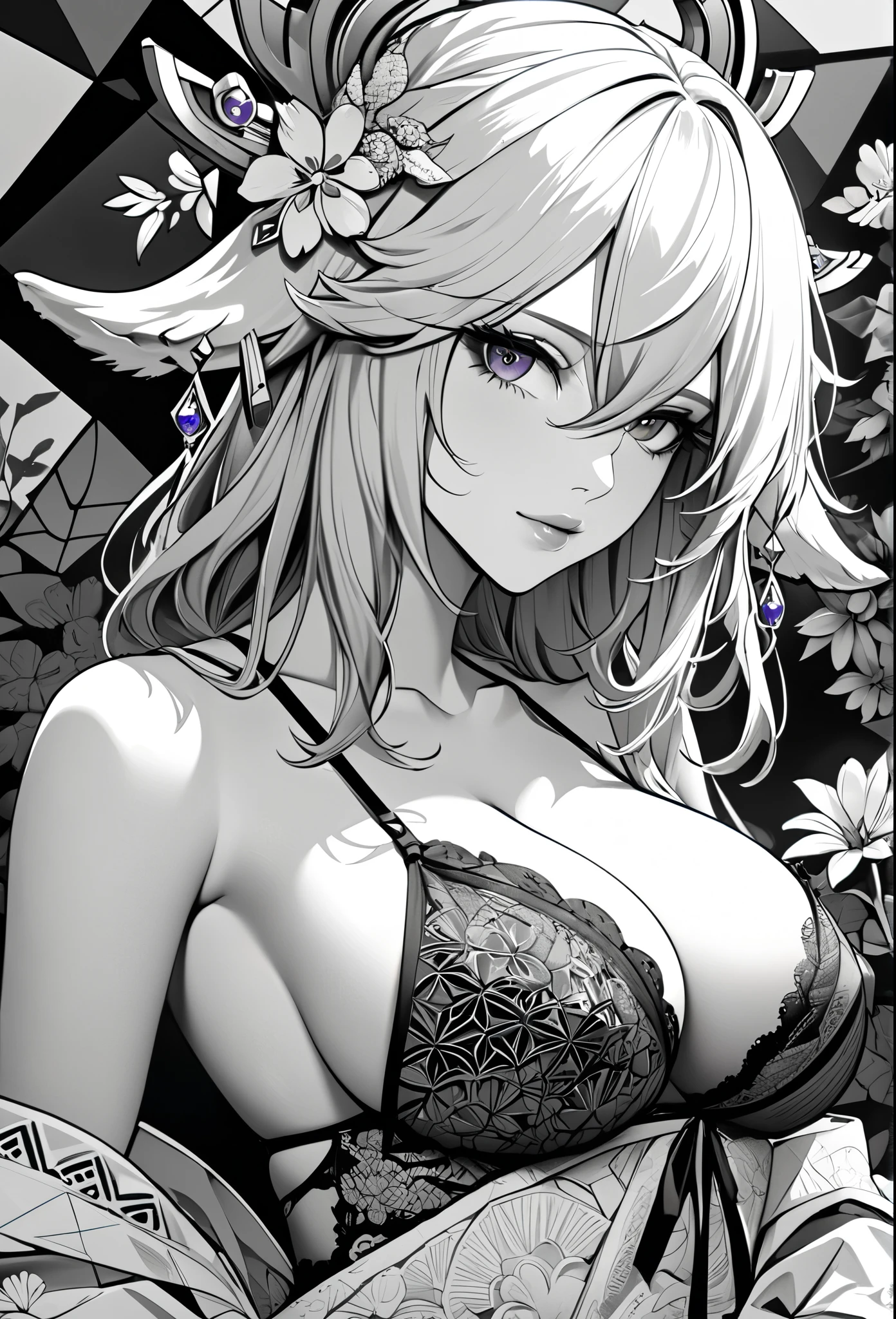 Yae Miko, genshin impact, absurdres, highres, ultra detailed, ultra-detailed background, detailed background, extremly detailed, 1girl,bunch of flowers, (zentangle:1.2), (geometric:1.2) black and white color palette, monochromatic, big breasts, cleavage, sideboob, lingerie, realistic depiction