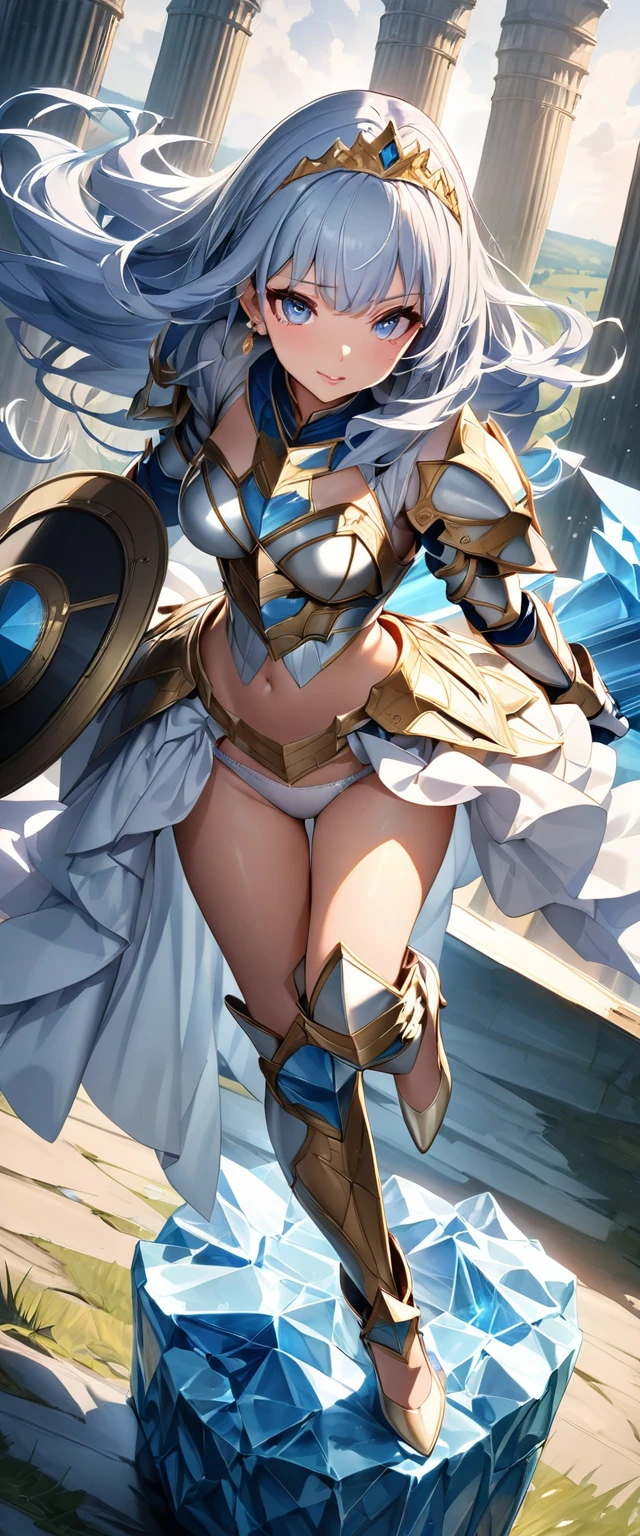 (Perfect Anatomy)、Mastepiece、Ultra High Quality、 8k、masterpiece、Highest quality、Ultra-high resolution、Maximum resolution、Very detailed、Professional Lighting、anime、woman、thin、so beautiful、Highly detailed eye、Highly detailed face、Blue and white armor, , Golden decorated luxury tiara,Golden earrings,Frilly Armor,Light blue hair, blue eyes,White underwear、Gloss Lip、Pink Lips、grassland, full body, dynamic angle, dynamic pose, Heroic pose, pillars of ice, (((long sword))), (((shield))), Defending with water magic, goddess armor, high heels, floating hair, Detailed armor patterns, Random Pause、Beautiful attention to detail