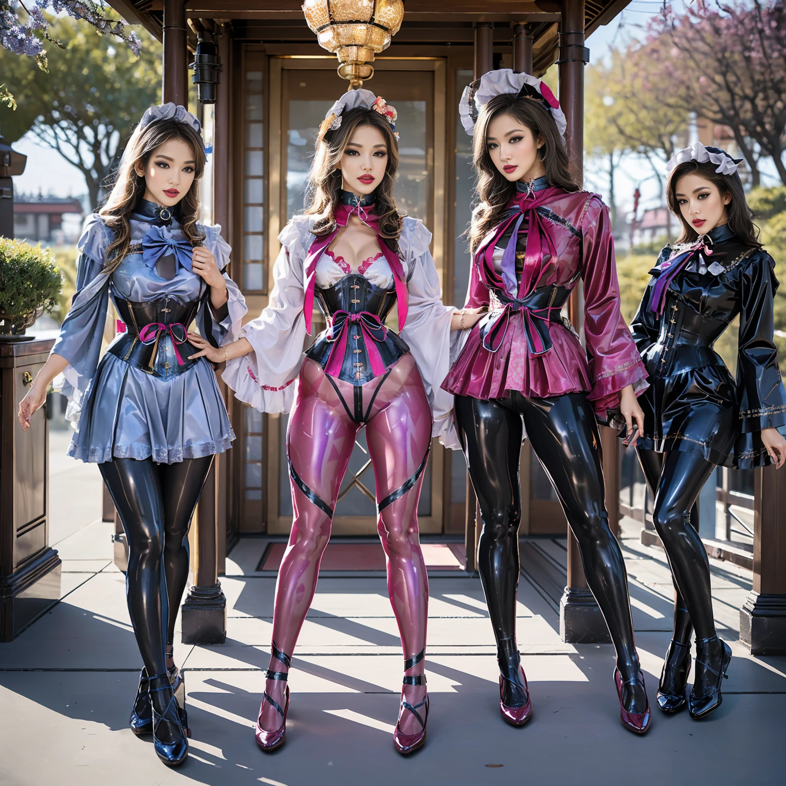 (((full body)):1.5), Group photo, In line, ((Glossy Reflecting collection)), ((Glossy Reflecting collection)), ((Glossy Reflecting collection)), ((Oily shiny)), ((Anatomically correct)), The whole photo is perfectly integrated, windy weather ,((Pure white skin)), ((strange colors)), (aristocratic beauty) ,((Alien Blonde)), ((Outdoors of Japanese shrines)) ,((ta decoration):1.3), Perfect background with no people, ((5girls)), ((Extremely colorful costumes):1.55) , ((Extremely colorful pantyhose)1.4), ((silk)), Different styles of clothing,(((The clothes are covered with a huge amount of patterns))),((Russian student uniforms )), ((Noble Academy Uniform)), ((Sunday school)), ((Sailor Suit)), ((Long-sleeved student suit)), (Dancing outfit), ((Long JK Tutu dress)) , (Flowy puffy dress), Pleated dress , (Extremely gorgeous women's suit), (The perfect combination of Sailor and dress), (((pantyhose in non-traditional colors))), ((Glossy reflective pantyhose)), ((Glossy reflective clothes)), ((Glossy reflective skin)), ((Glossy reflective skin)), ((Very plump body)), (((maid D’Orsay Flats Flats))) ,((The perfect combination of corset and dress)), Huge amount of body decoration, A huge amount of hand decorations,((Asian squat in a line )) , ((Metal collar)), (((Metal chastity belt))), (((Extremely large number of patterns)):1.3), (Extremely complex patterns on Pantyhose) ,(Extremely complex patterns on clothes) , ((Metallic clothes)), ((Metallic dress)),((Metallic pantyhose):1.35), ((Metallic skin):1.35), (Lipstick), Big Breasts, Full of accessories, Full leg decorations , elegant , ((Exhibitionism)), ((Extremely sexy body proportions)), shiny skin, shiny glossy skin, oily body, glossy skin, oily skin, High heel ,High skin radiance, Anatomically correct, 16k, highres, best quality, super detail, anatomically correct, masterpiece