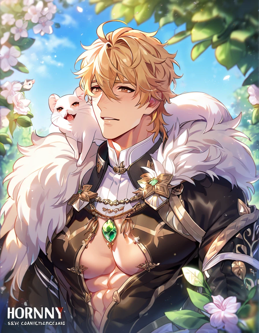 absurdres, highres, ultra detailed, HDR, master piece, best quality, extremely detailed, detailed eyes, Quincy, blonde hair, messy hair, hair between the eyes, expressive amber eyes, Nu Carnival, solo, sexy man, manly man, horny, lewd, handsome, fantasy, white and black leather clothes, cape with a high fur collar, black gloves, spring, flowers, green leaves, magical forest, dark fantasy, blue sky, white cute small ferret on his shoulder