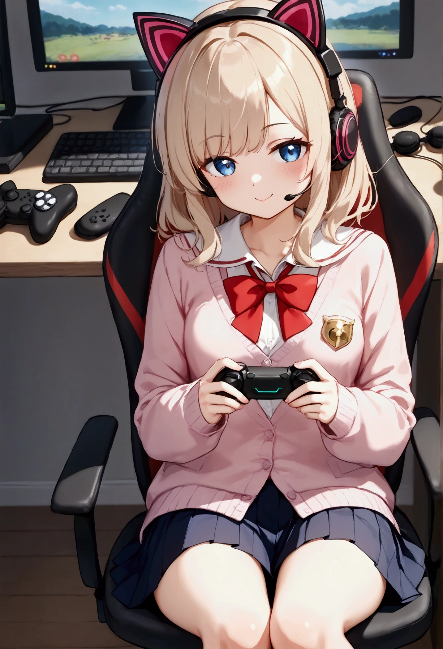 Highest quality, High resolution, masterpiece:1.2, Very detailed, woman1people々、cute、Small breasts、(blouse)、Pleated skirt、Red ribbon、Beige Hair、Very young、(Pink Cardigan)、Straight medium hair、Cat ear headphones、((computer))、((Game Controller))、Game screen、Sit on a chair、headset