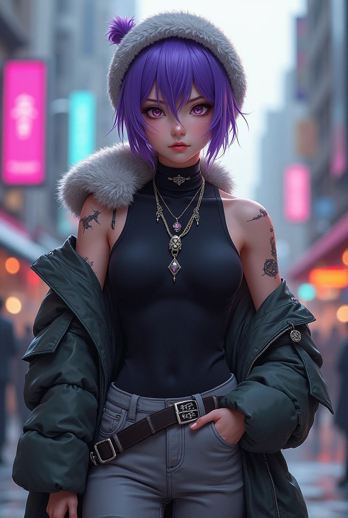 Female. grown pixie cut,purple hair with cold grey eyes.
a diagonal scar crossing her right cheek to the bridge if her nose,Her body filled with scars from how many fights she had during her childhood,Has a muscular body.
she wears a big jacket with a fluffy hat.
A sleeveless black turtleneck and plain grey pants.]
a chain dangling from the side of her hips,Cryo vision from Genshin impact attached to the chain.
she wears some silver jewellery.
