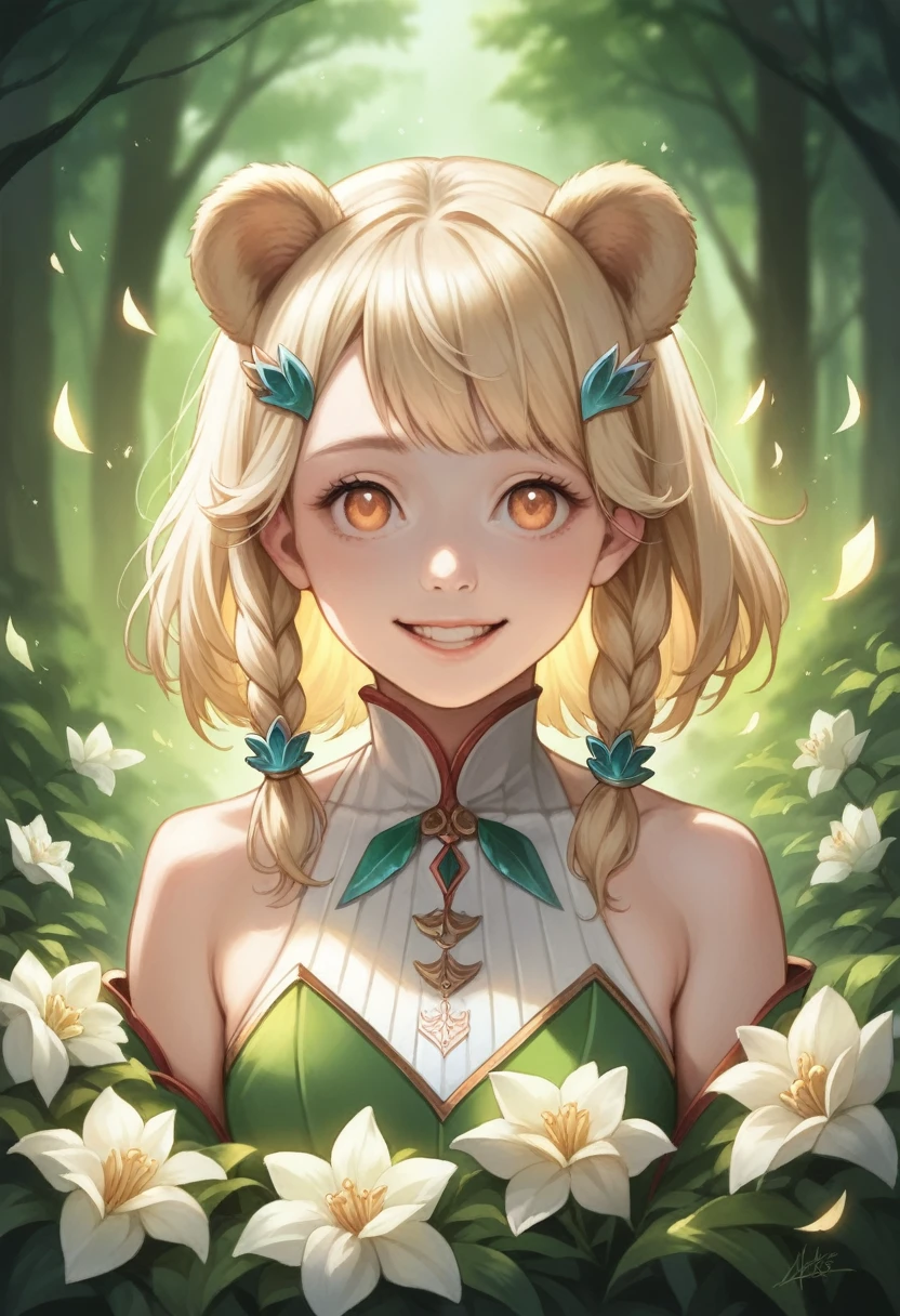 A beautiful blonde anime girl with bear ears, young face, detailed facial features, large expressive eyes, cute smile, detailed hair, intricate hair accessories, adorable outfit, dynamic pose, fantasy forest background, warm natural lighting, vibrant colors, high quality, highly detailed, masterpiece, photorealistic